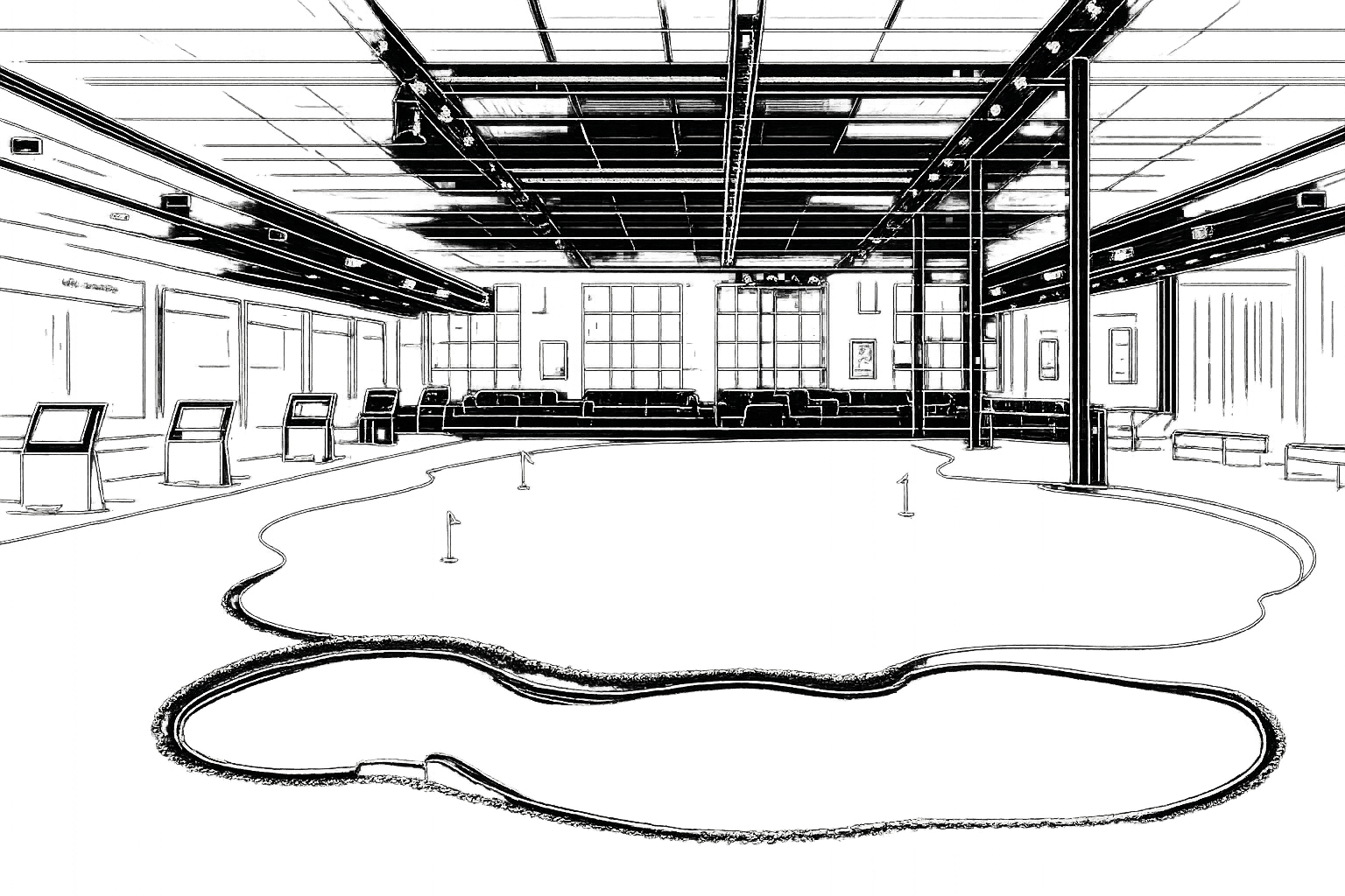 Clubhouse interior — putting green, simulator bays, lounge seating